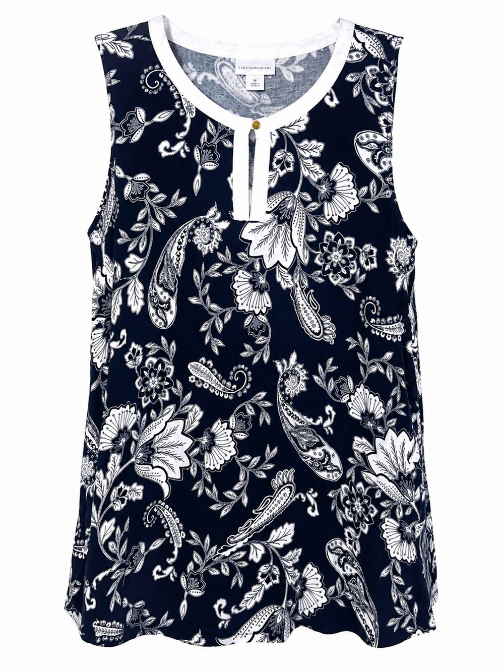 Liz Claiborne Sleeveless Blouse Medium Navy White Floral Paisley Resort Top